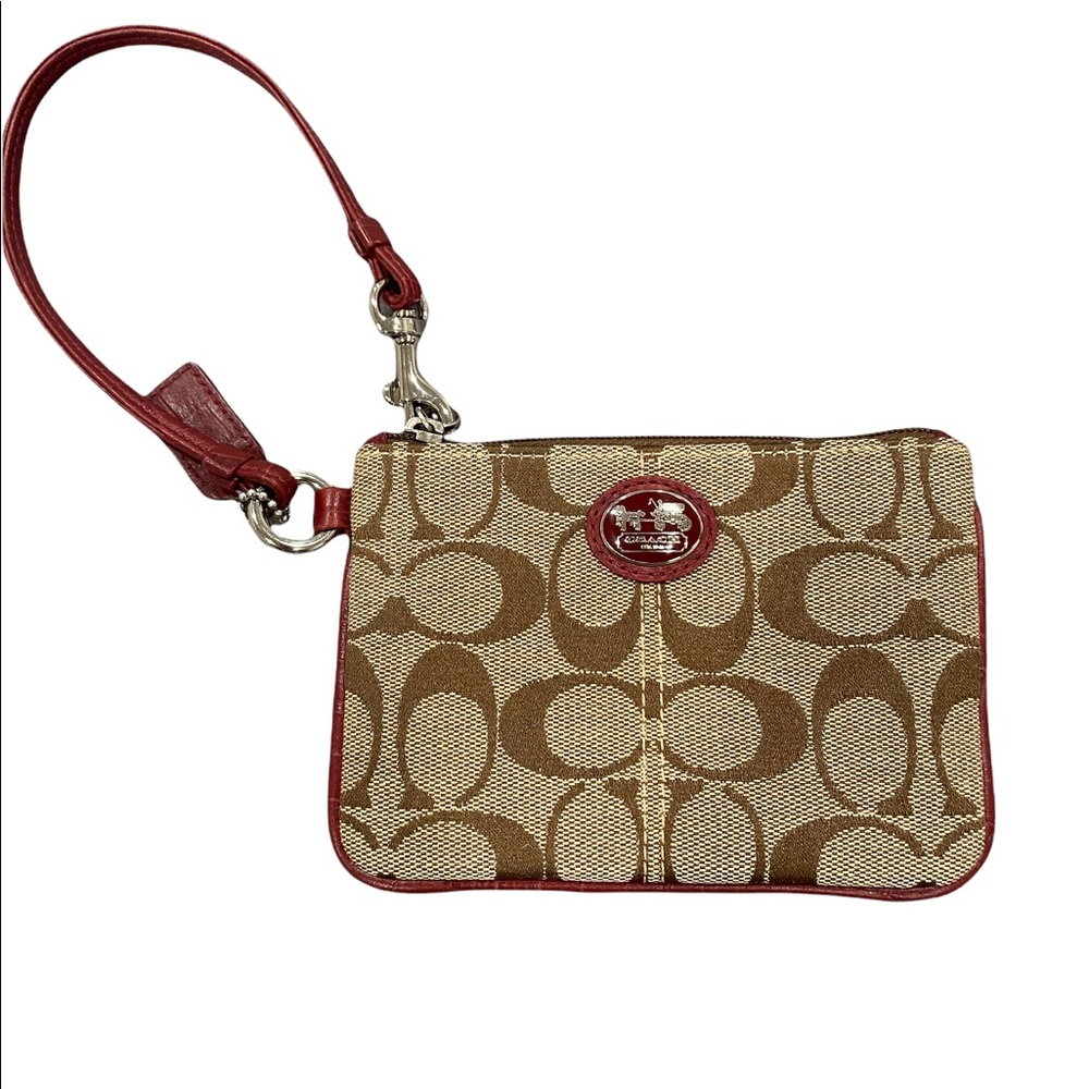 Coach Maroon Burgandy Brown Tan Khaki Leather Signature C Wristlet Handbag Strap